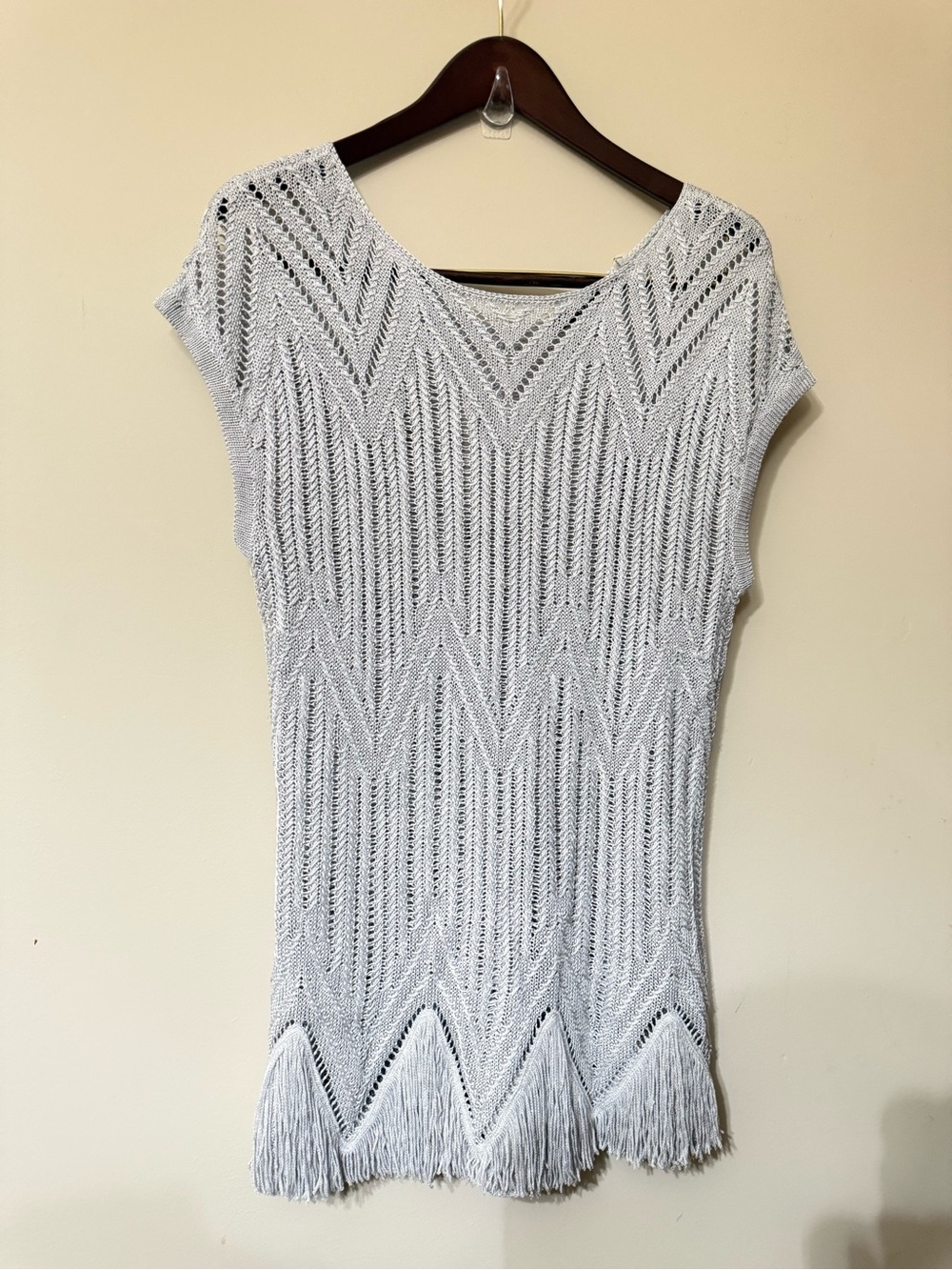 NIC+ZOE Light Gray Open-Knit Diamond Fringe Crochet Top